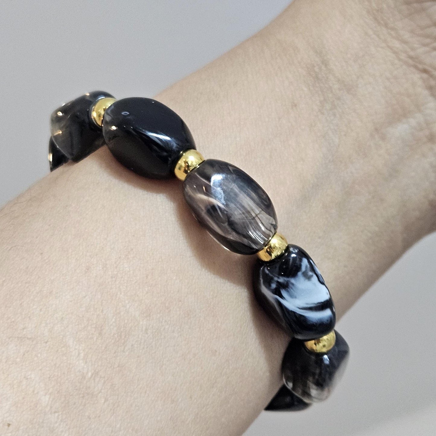 Elastic Black and Gold Bracelet, Stacking Large Acrylic Jewellery
