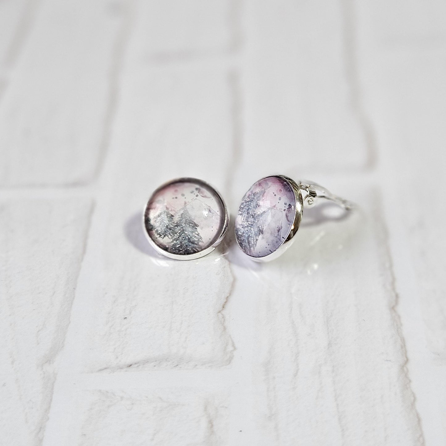 Pine Tree Watercolour Clip-On Earrings – 16mm Cabochon | Non-Pierced | Hypoallergenic