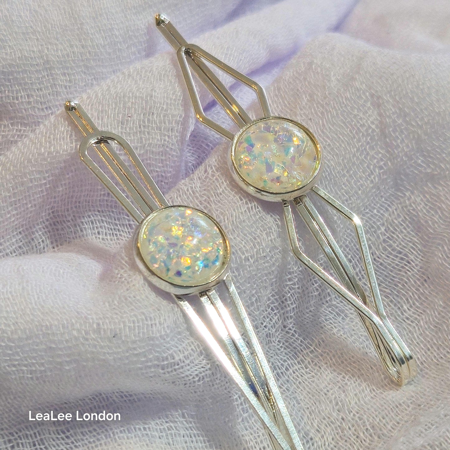 Black Bobby Pin Set of 2, Handmade Iridescent Cabochon Hair Accessory, Minimal Hair Accessory