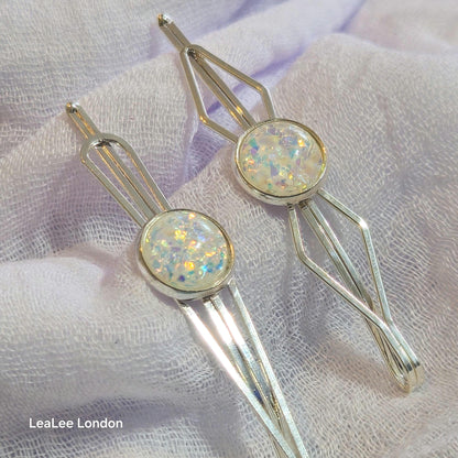 Black Bobby Pin Set of 2, Handmade Iridescent Cabochon Hair Accessory, Minimal Hair Accessory