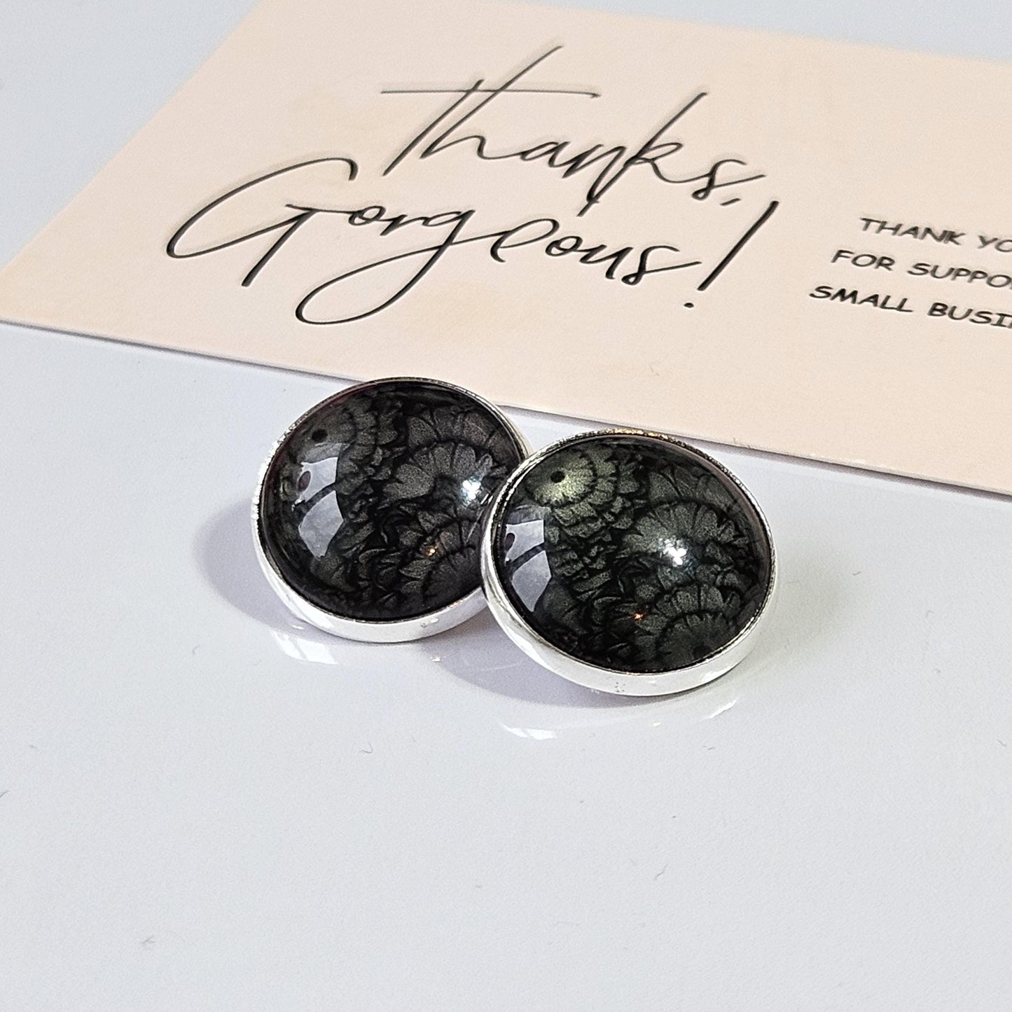Black Flower Clip On Earrings, Silver Tone Cabochon, Non Pierced