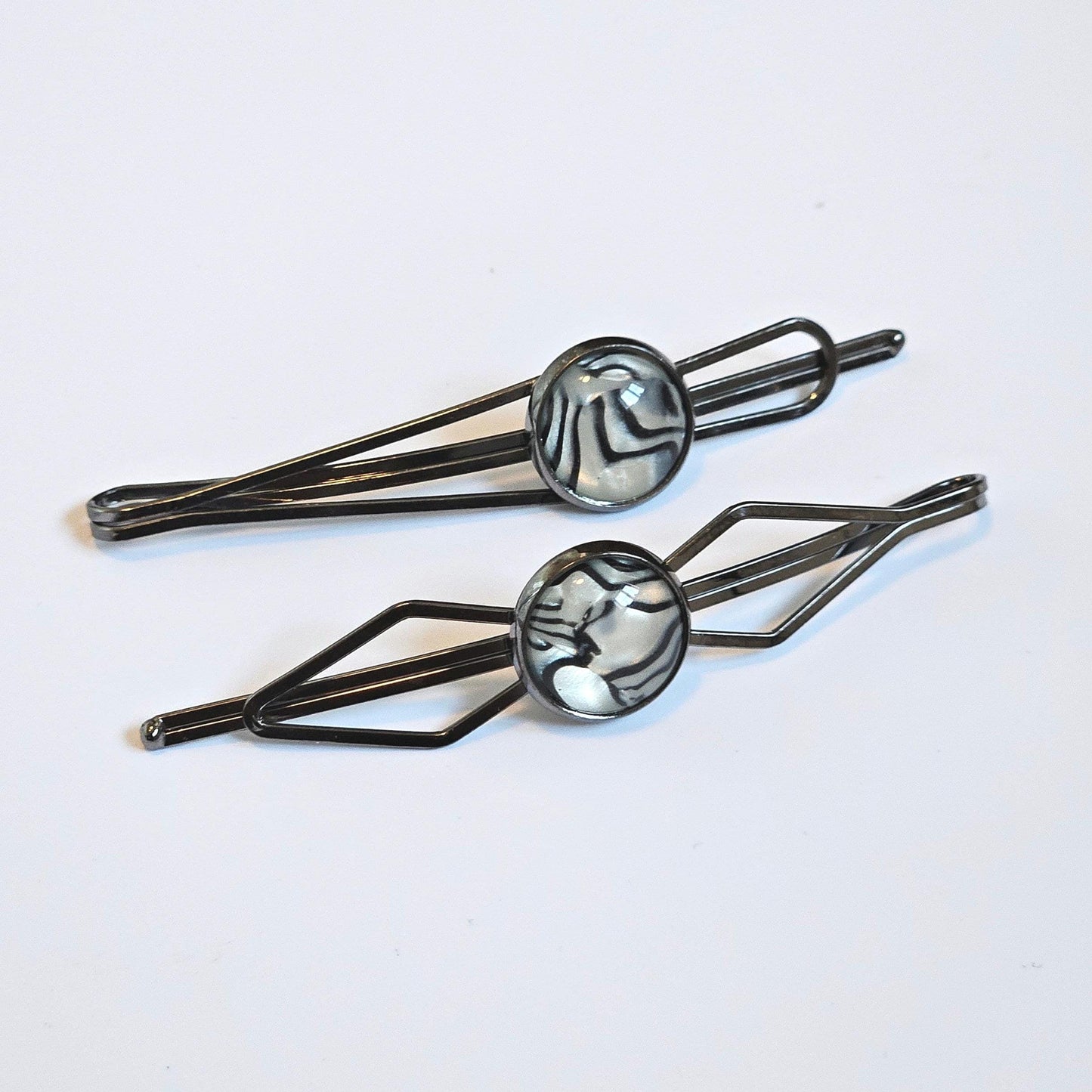 Black Bobby Pin Set of 2, Handmade Striped Cabochon Hair Accessory, Minimal Hair Accessory