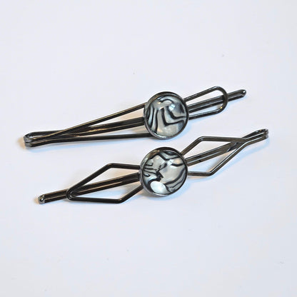 Black Bobby Pin Set of 2, Handmade Striped Cabochon Hair Accessory, Minimal Hair Accessory