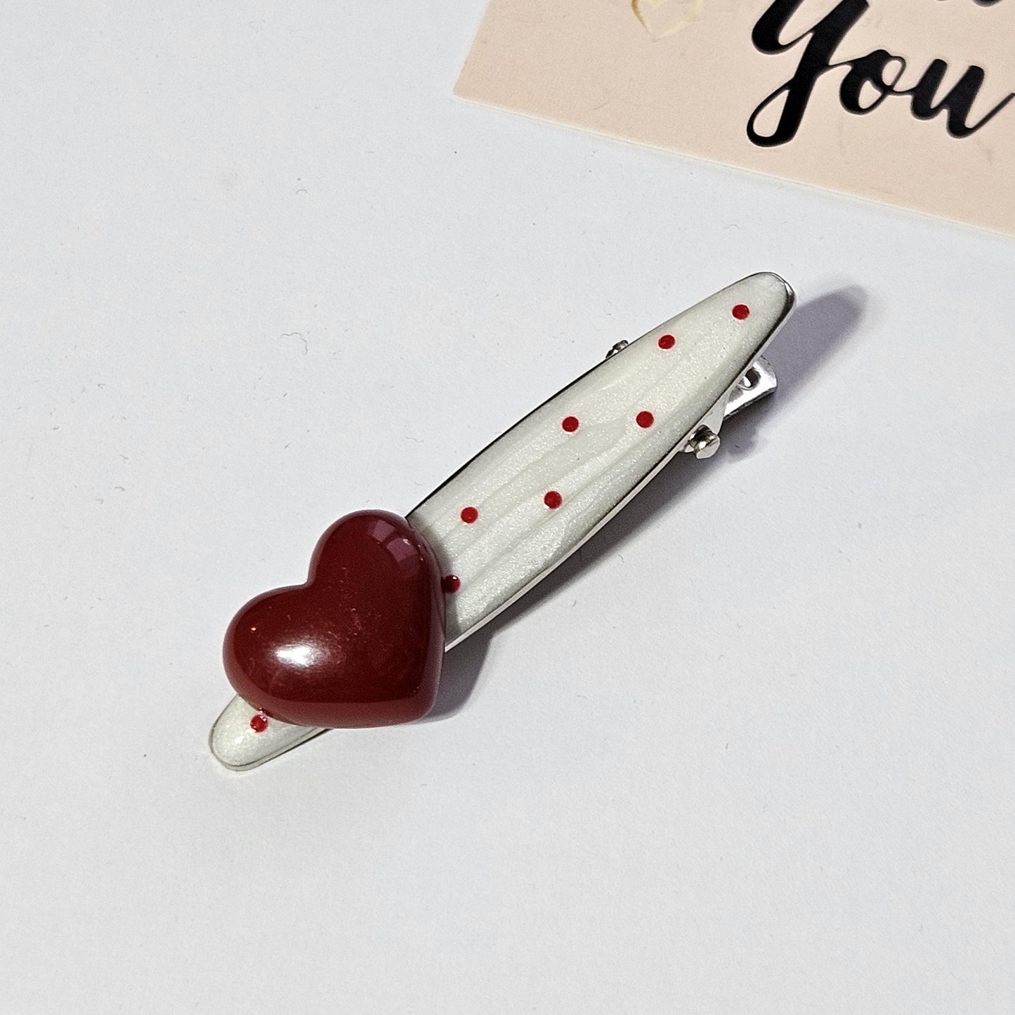 Red Polka Dot Heart Hair Clips: Silver Snap Clip Set