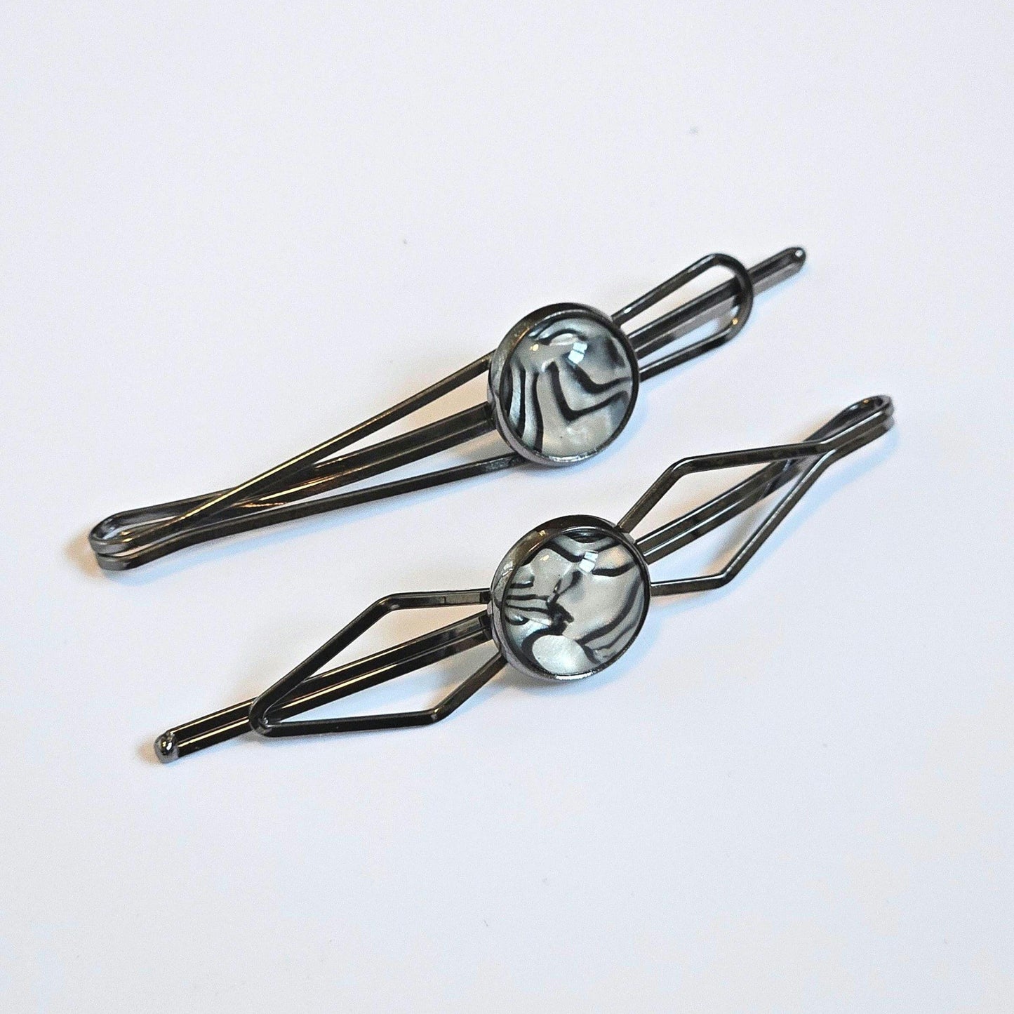 Black Bobby Pin Set of 2, Handmade Striped Cabochon Hair Accessory, Minimal Hair Accessory