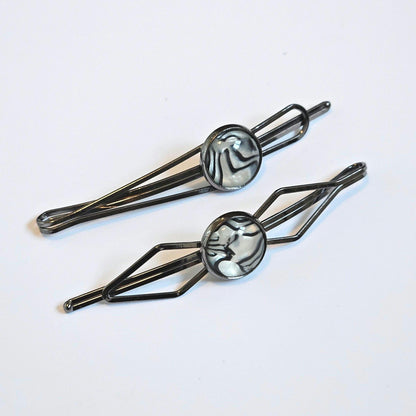 Black Bobby Pin Set of 2, Handmade Striped Cabochon Hair Accessory, Minimal Hair Accessory