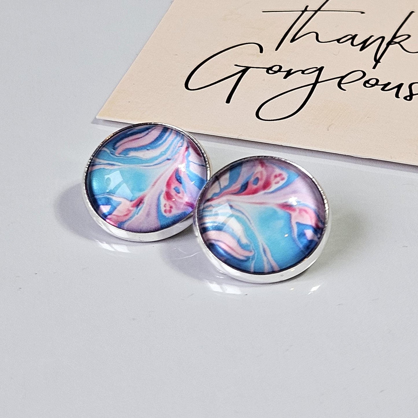 Pink & Blue Patterned Clip-On Earrings – 16mm Cabochon | Non-Pierced | Hypoallergenic