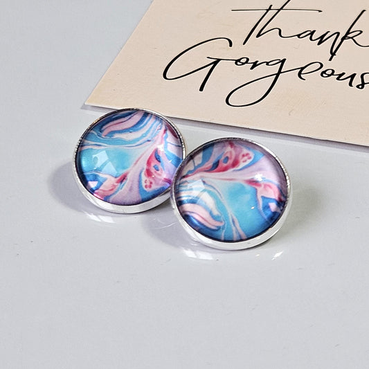 Pink & Blue Patterned Clip-On Earrings – 16mm Cabochon | Non-Pierced | Hypoallergenic
