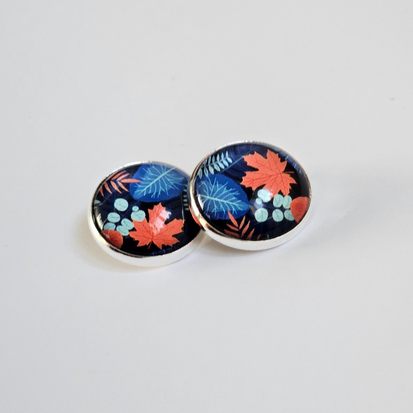 Blue Floral Clip On Earrings: Silver Tone, Non Piercing Stud Clip-ons, Hinged back fastening earrings