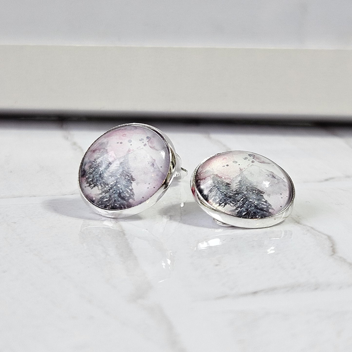 Pine Tree Watercolour Clip-On Earrings – 16mm Cabochon | Non-Pierced | Hypoallergenic