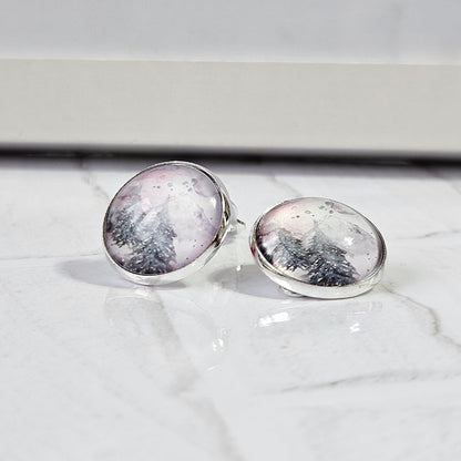 Pine Tree Watercolour Clip-On Earrings – 16mm Cabochon | Non-Pierced | Hypoallergenic