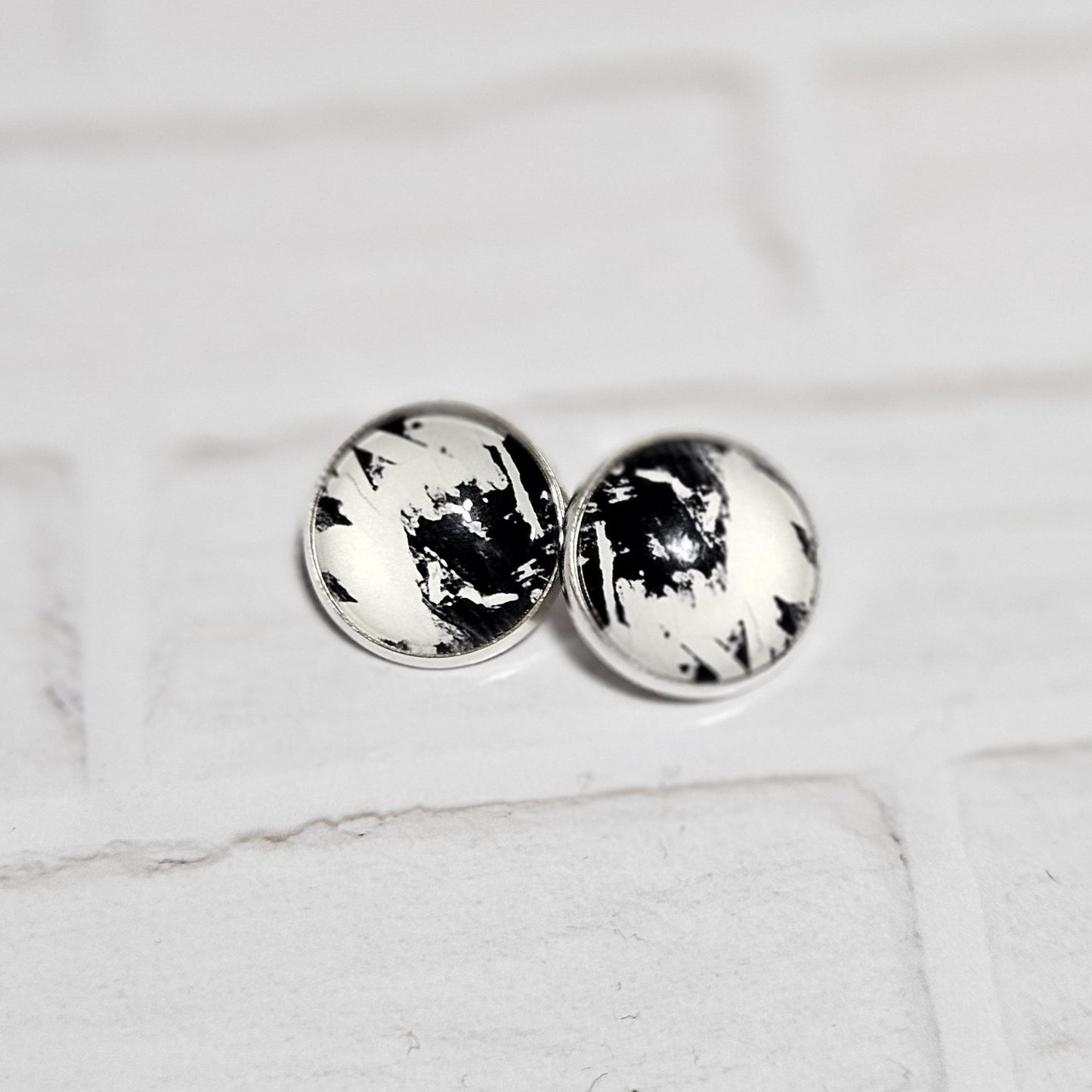 Silver Clip On Earrings: Retro Black & White Non Pierced Studs, Handmade Cabochon Non Piercing Jewellery