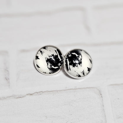 Silver Clip On Earrings: Retro Black & White Non Pierced Studs, Handmade Cabochon Non Piercing Jewellery