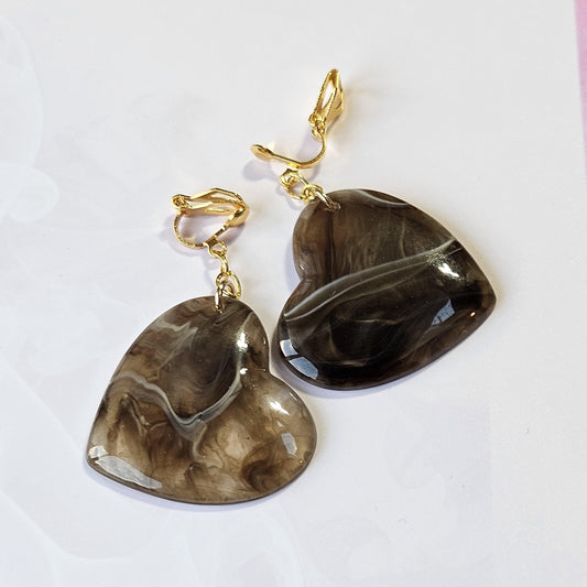 Acrylic Marble Heart Clip-On Earrings – Gold Tone | Non-Pierced