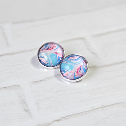 Pink & Blue Patterned Clip-On Earrings – 16mm Cabochon | Non-Pierced | Hypoallergenic