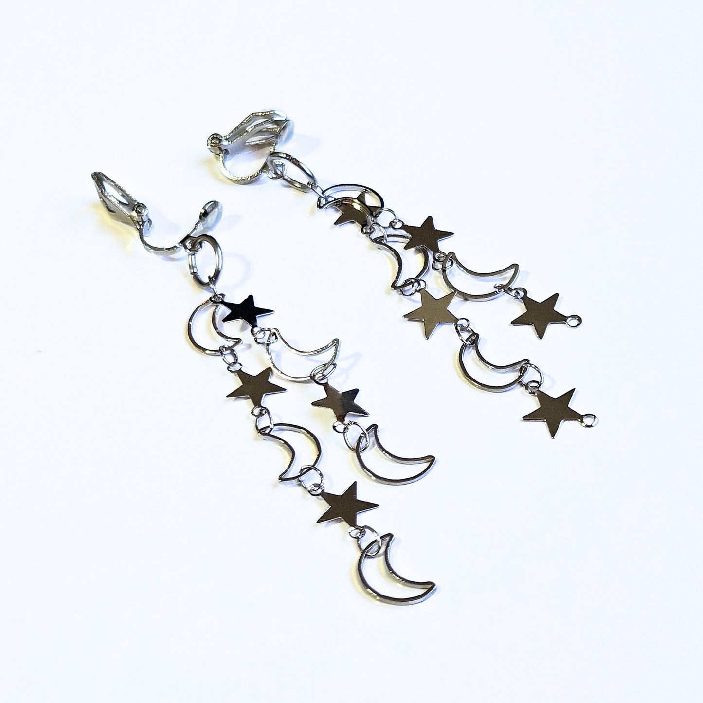 Celestial Clip On Earrings, Moon and Star Dangle, No Pierce