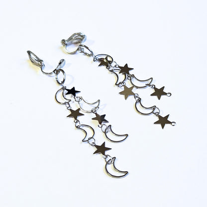 Celestial Clip On Earrings, Moon and Star Dangle, No Pierce