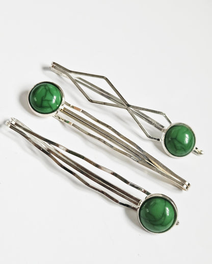 Dark Green Cabochon Bobby Pins: Silver Hair Slides, Women's Hair Accessories