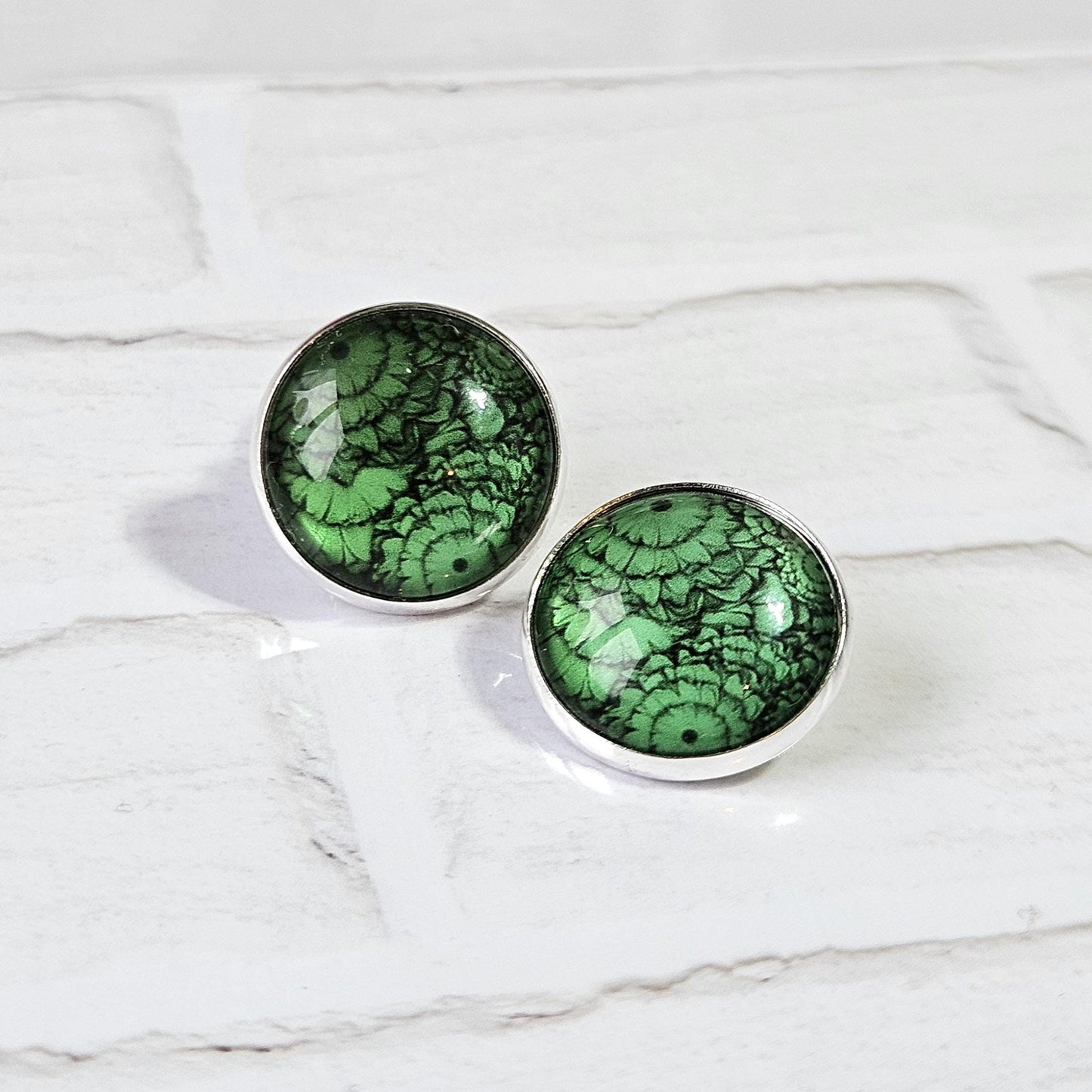 Green Flower Silver Clip On Earrings, Non Pierced Earrings, Handmade Cabochon Earrings, Statement Jewellery UK