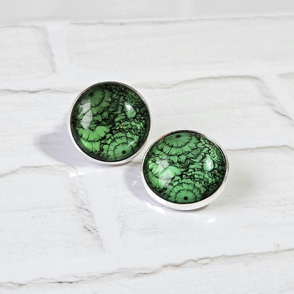 Green Flower Silver Clip On Earrings, Non Pierced Earrings, Handmade Cabochon Earrings, Statement Jewellery UK
