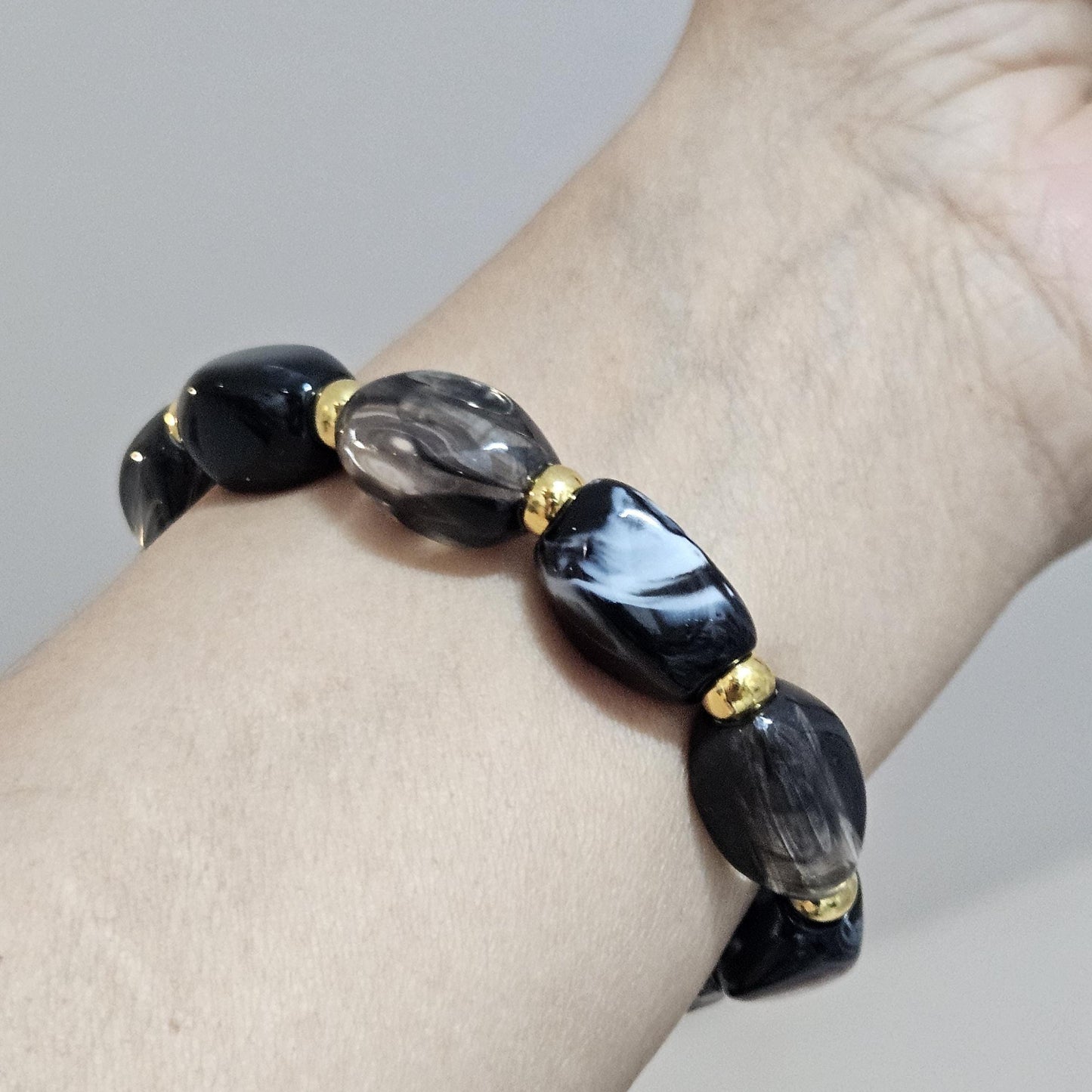 Elastic Black and Gold Bracelet, Stacking Large Acrylic Jewellery