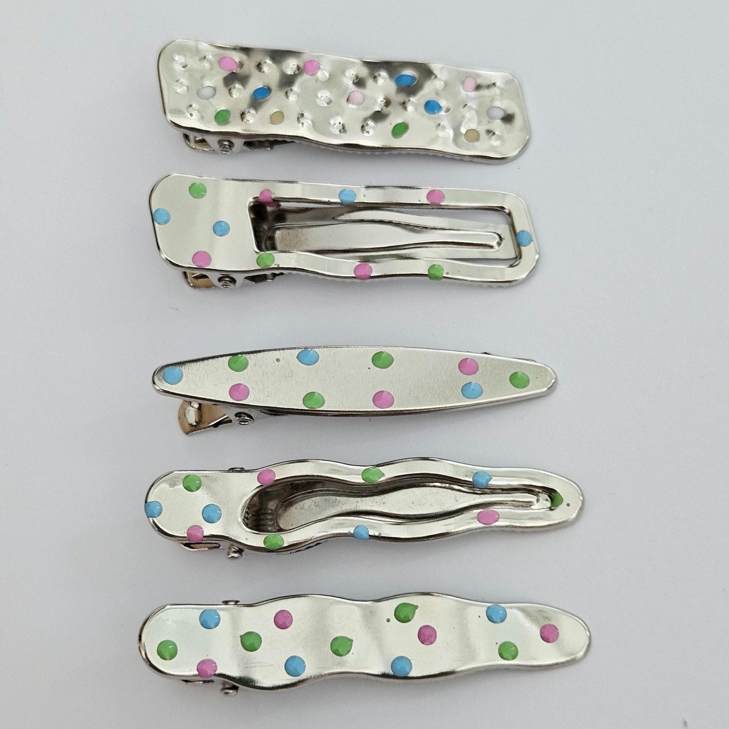 Polka Dot Snap Hair Clips | Set of 7 | Mixed Styles & Sizes | Lightweight Hair Clips for Women & Girls | Silver Tone