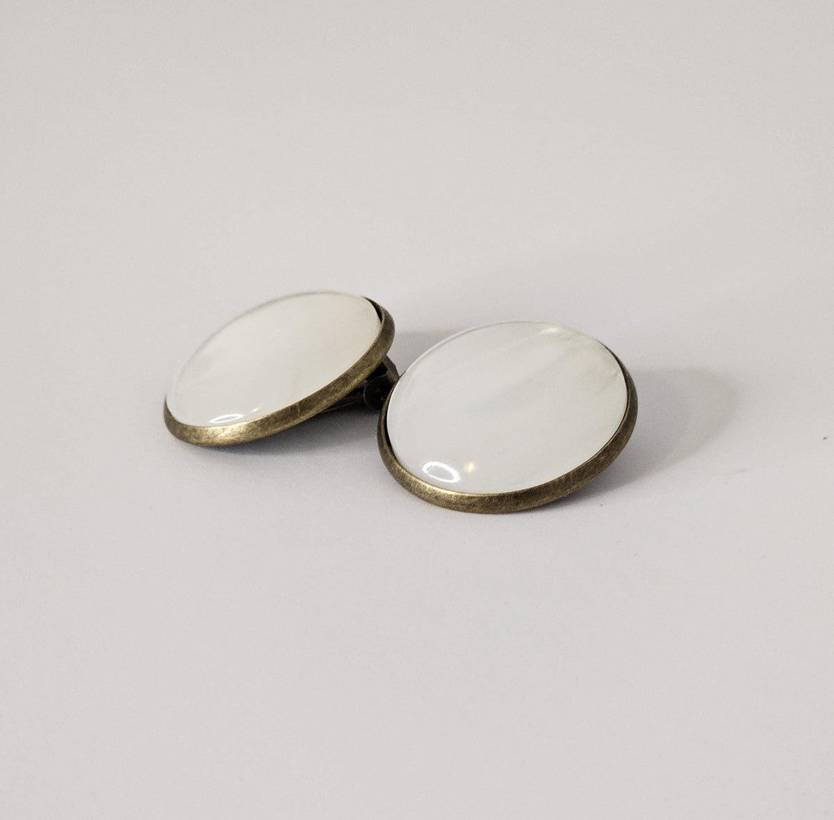 White Round Clip On Earrings: Bronze Tone, Non Piercing