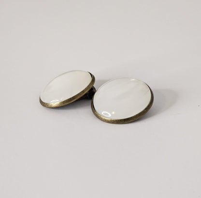 White Round Clip On Earrings: Bronze Tone, Non Piercing