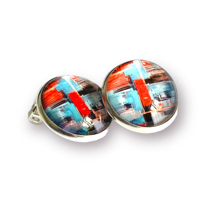 Red & Blue Abstract Paint Stroke Clip-On Earrings – 16mm Cabochon | Non-Pierced