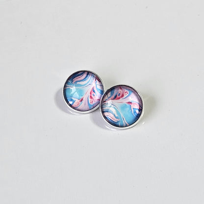 Pink & Blue Patterned Clip-On Earrings – 16mm Cabochon | Non-Pierced | Hypoallergenic