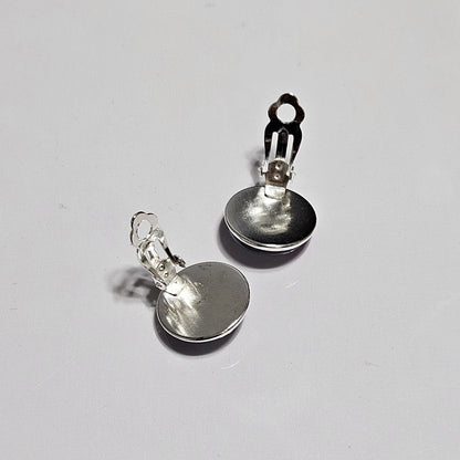 Blue Floral Clip-On Earrings | Silver Tone Cabochon, Non-Pierced