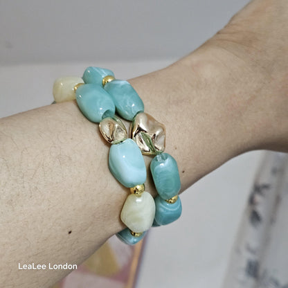 Boho Green Elastic Beaded Bracelet, Chunky Stacking Jewellery for women