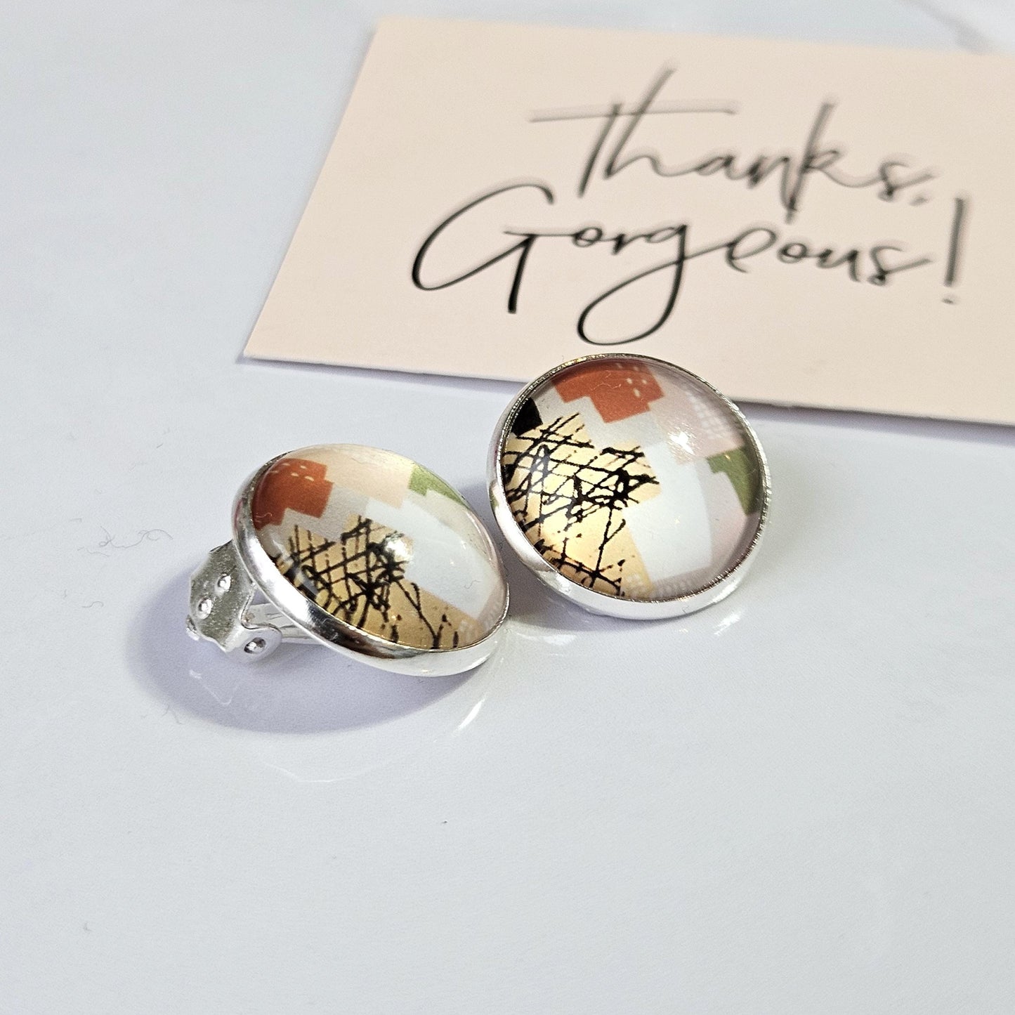 Neutral Abstract Clip-On Earrings – Green, Beige & Terracotta | Non-Pierced