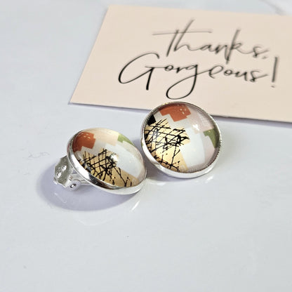Neutral Abstract Clip-On Earrings – Green, Beige & Terracotta | Non-Pierced
