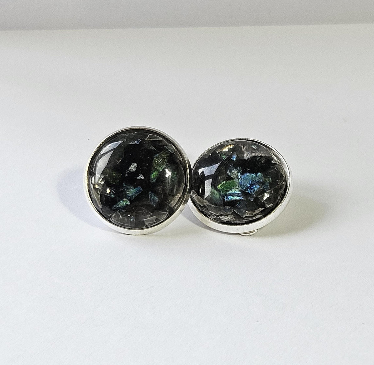 Iridescent Cabochon Clip-On Earrings in Silver Tone