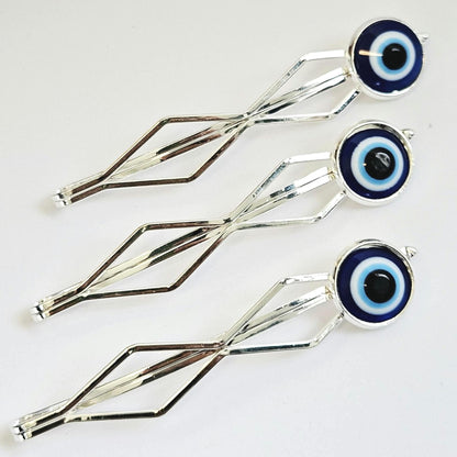 Evil eye decorative Bobby Pins: Silver Hair Slide Clips, Set of 3 for women.