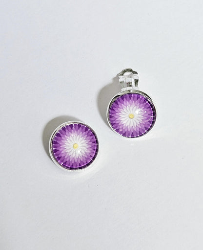 Purple Flower Clip-on Earrings: Silver Tone Copper Base