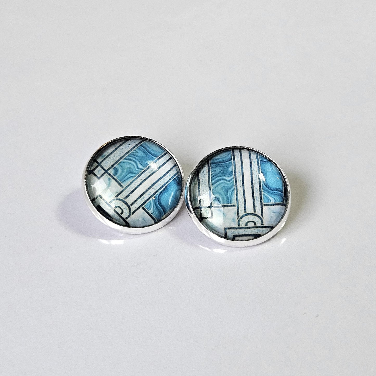 Blue Art Deco Clip-On Earrings | Handmade 16mm Cabochon | Non-Pierced Statement Earrings | Silver Tone