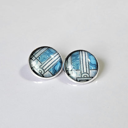 Blue Art Deco Clip-On Earrings | Handmade 16mm Cabochon | Non-Pierced Statement Earrings | Silver Tone