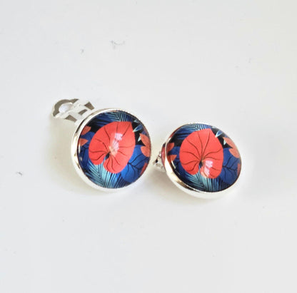 Red & Blue Floral Clip-On Earrings – 16mm Cabochon | Non-Pierced | Hypoallergenic