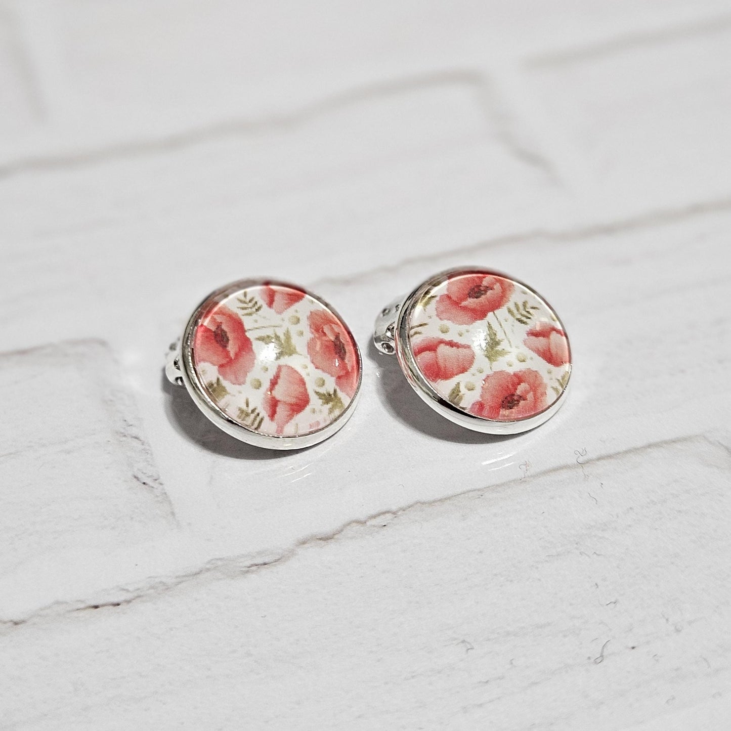 Red Poppy Clip-On Earrings – 16mm Cabochon | Non-Pierced | Hypoallergenic