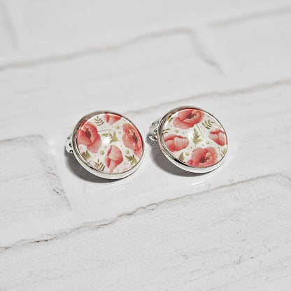 Red Poppy Clip-On Earrings – 16mm Cabochon | Non-Pierced | Hypoallergenic