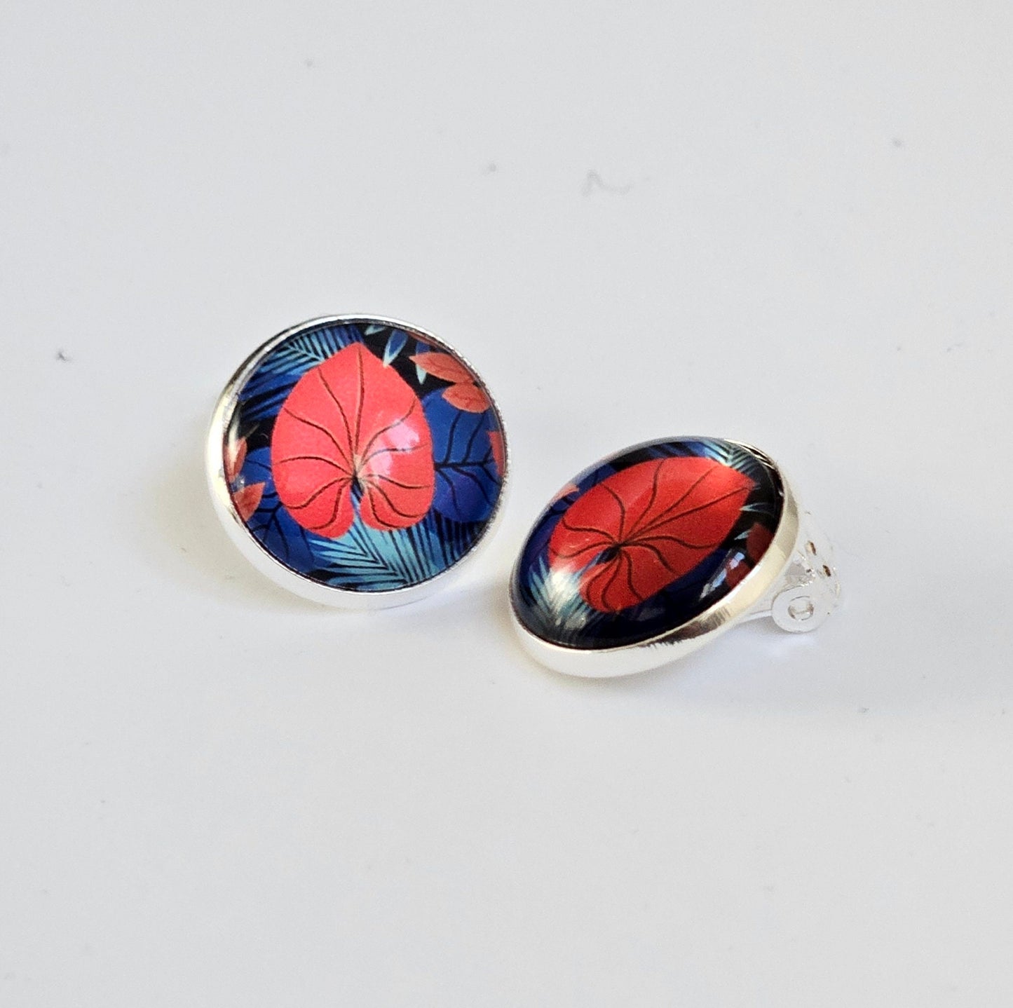 Red & Blue Floral Clip-On Earrings – 16mm Cabochon | Non-Pierced | Hypoallergenic
