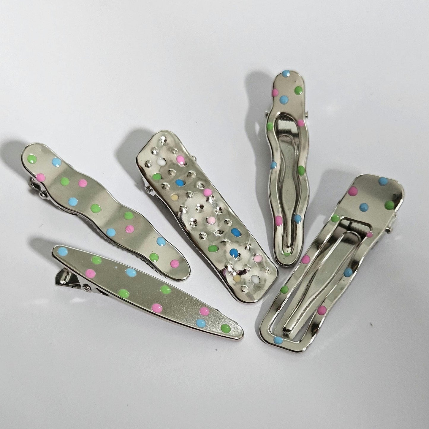 Polka Dot Snap Hair Clips | Set of 7 | Mixed Styles & Sizes | Lightweight Hair Clips for Women & Girls | Silver Tone