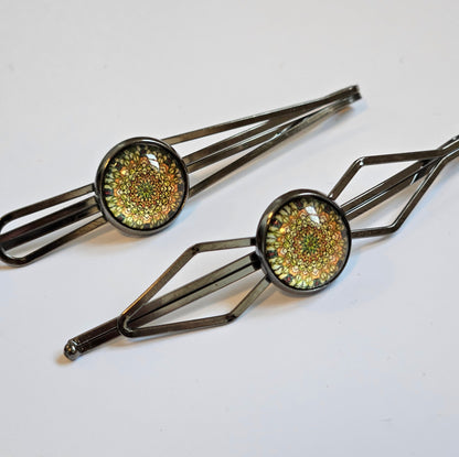 Black Bobby Pins Set of 2, Handmade Boho Mandala Cabochon Hair Clips, Statement Hair Accessories