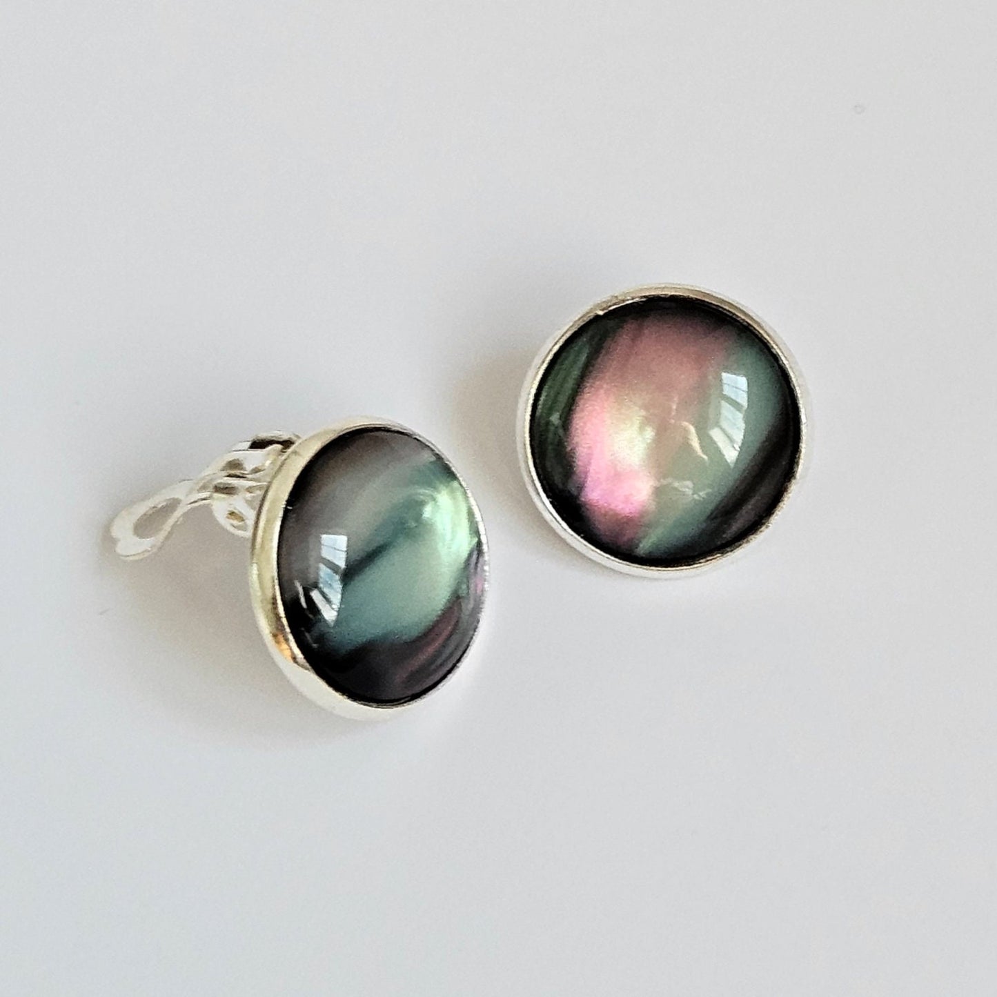 Black Aurora Clip-On Earrings | Handmade 16mm Cabochon | Non-Pierced Statement Earrings | Silver Tone
