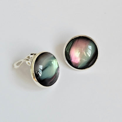 Black Aurora Clip-On Earrings | Handmade 16mm Cabochon | Non-Pierced Statement Earrings | Silver Tone