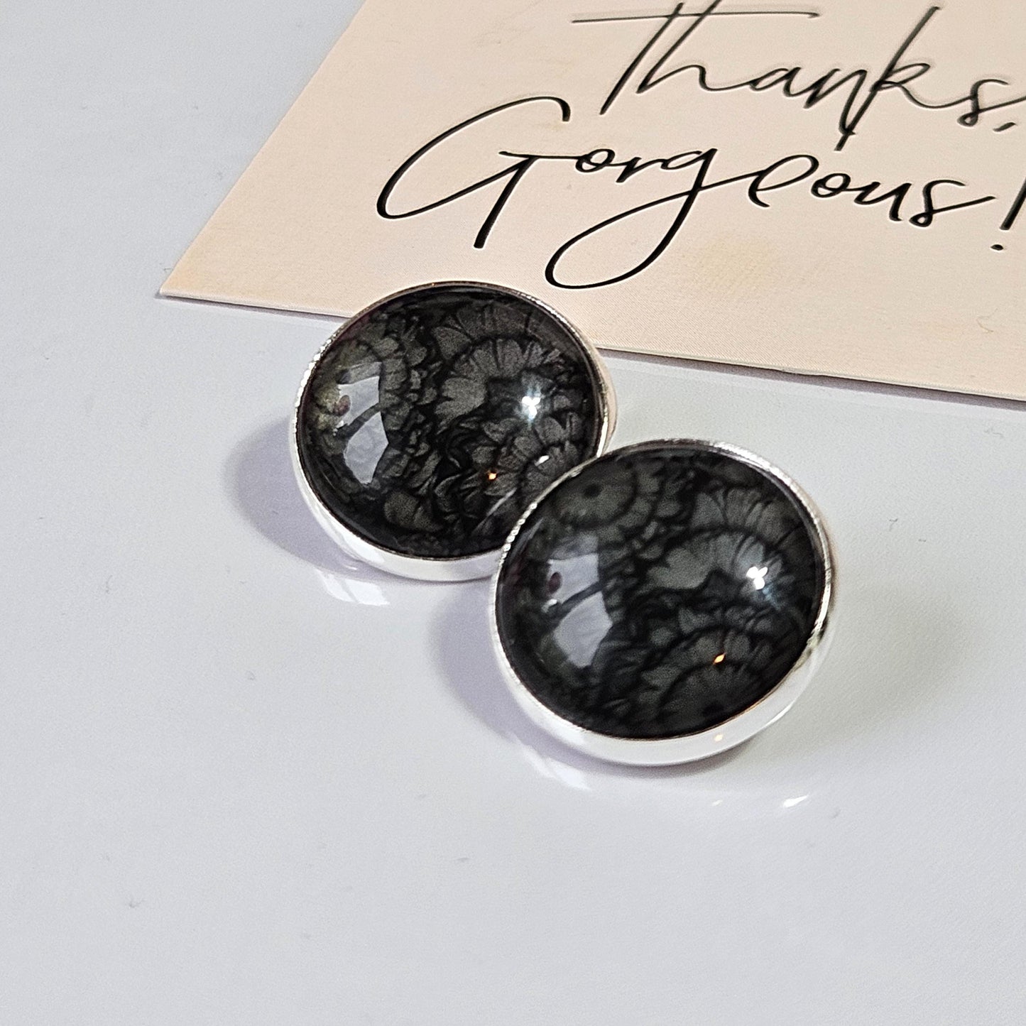 Black Flower Clip On Earrings, Silver Tone Cabochon, Non Pierced