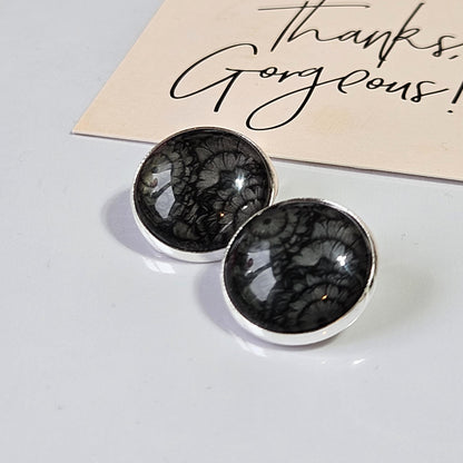Black Flower Clip On Earrings, Silver Tone Cabochon, Non Pierced