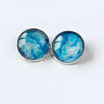 Blue Watercolour Clip-On Earrings | Stainless Steel Cabochon, Non-Pierced